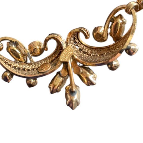 Vintage VAN DELL 12K Gold Plate Crystal Necklace with Filigree Wedding Jewelry - Picture 10 of 11